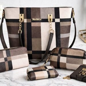 Mei&ge | Women | 6-Piece Plaid Purse & Wallet Set | Tote + Organizer Bundle